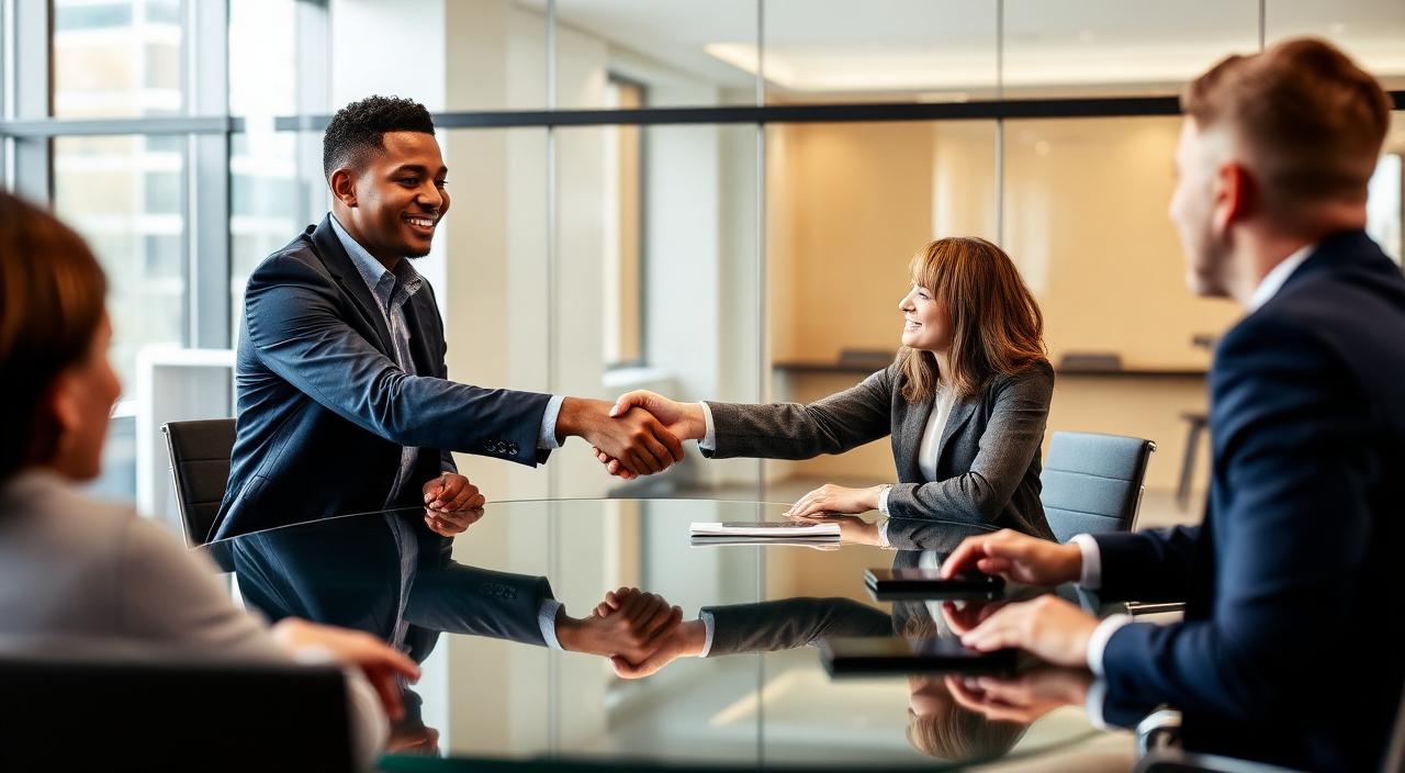 Two professionals shaking hands across a glass meeting table during an interview.
