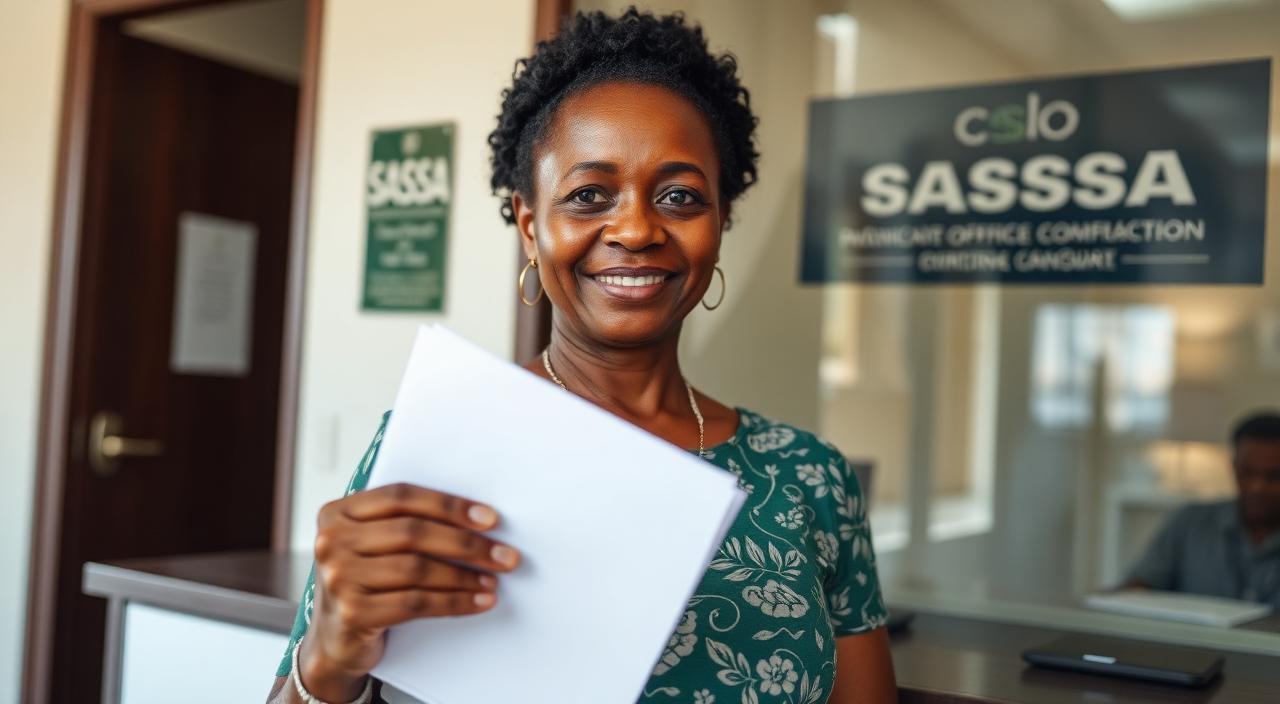 A South African woman holding documents at a SASSA reception desk.