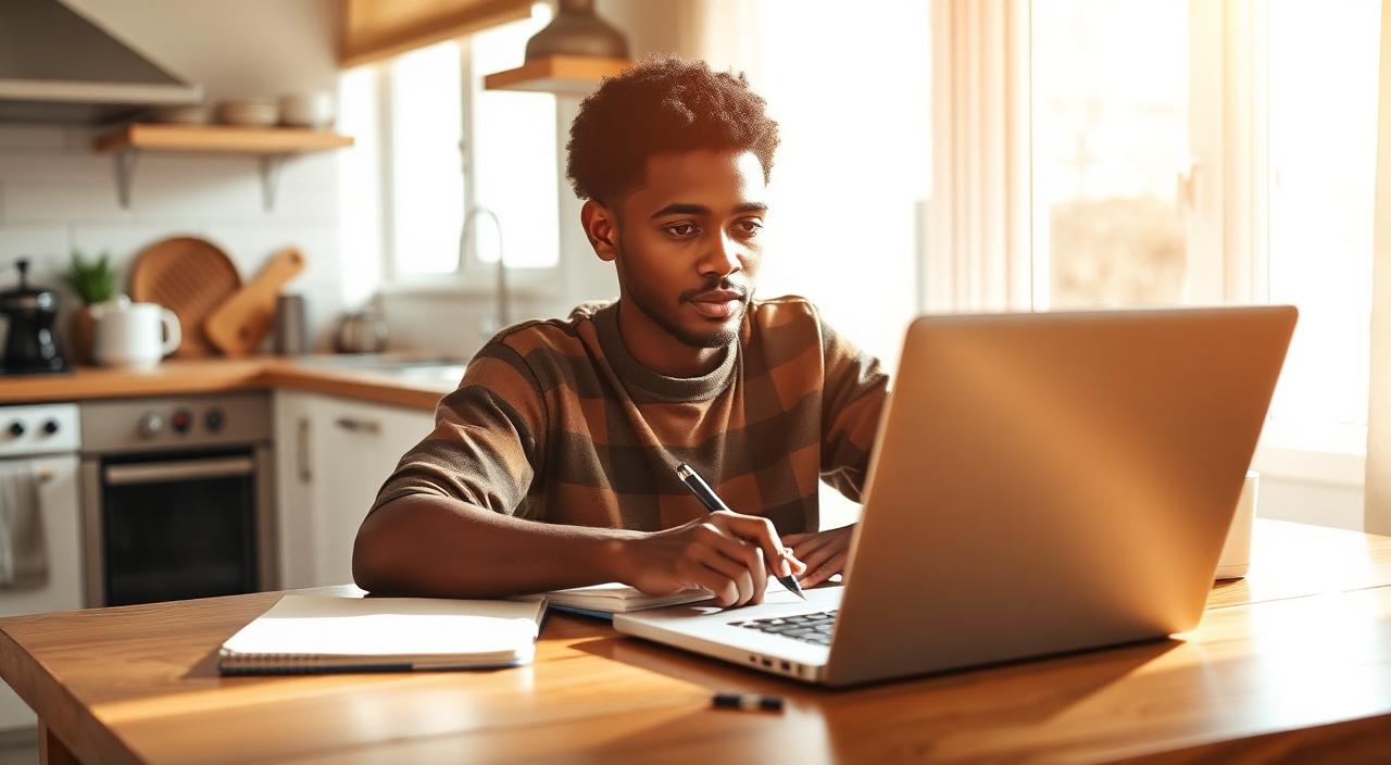 A young South African studying online with a laptop and notebook at a kitchen table.