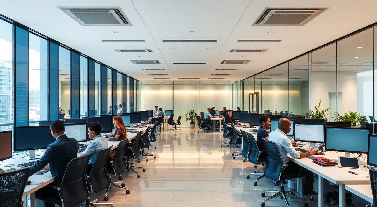 Modern South African bank office interior with professionals working at desks.