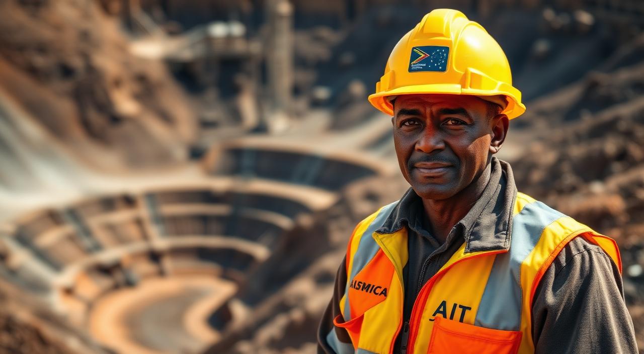 A South African mining engineer in safety gear standing at an open-pit mine.