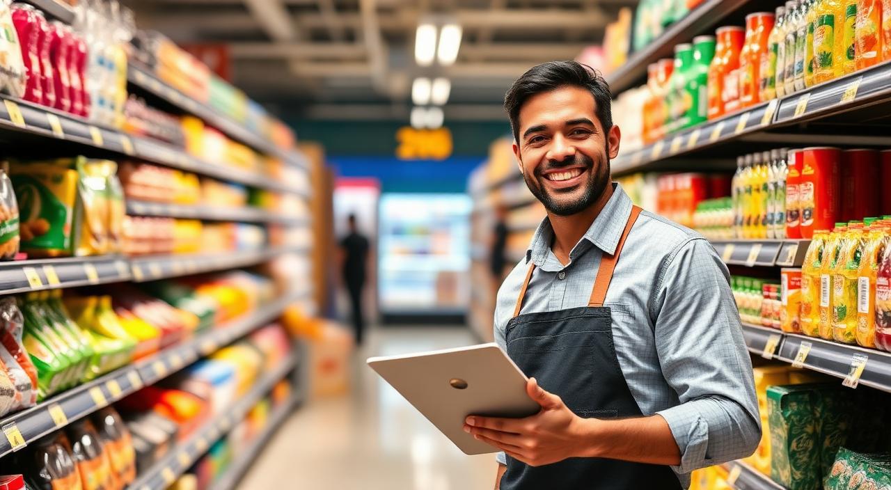 A friendly retail manager in a bright modern South African supermarket aisle.