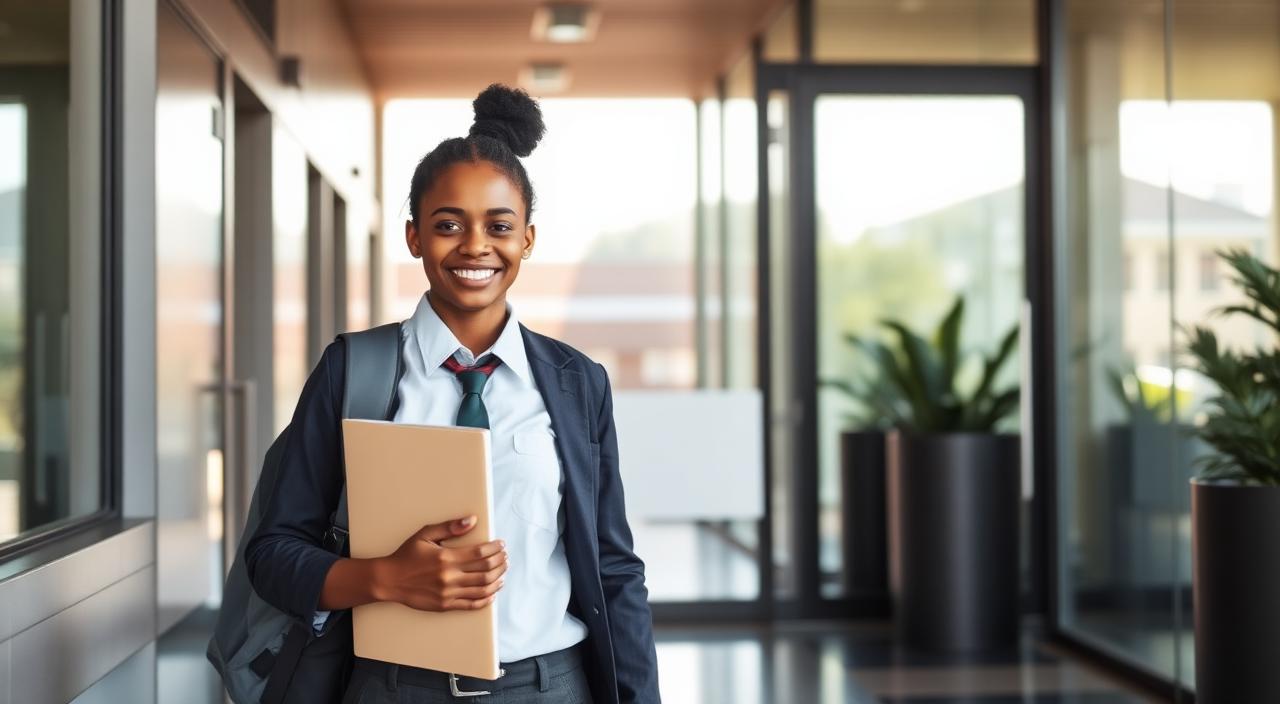 A young South African school leaver in matric uniform smiling and holding a folder.