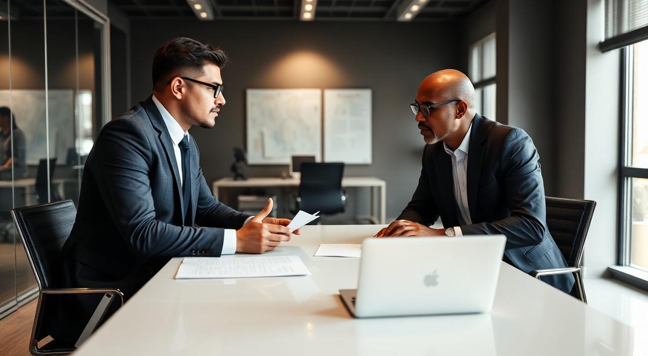 Two professionals in a modern South African office having a serious salary discussion.