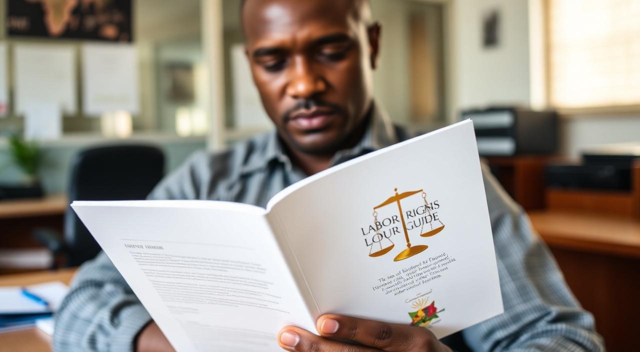 A South African worker reading a labour rights guide booklet in an office.