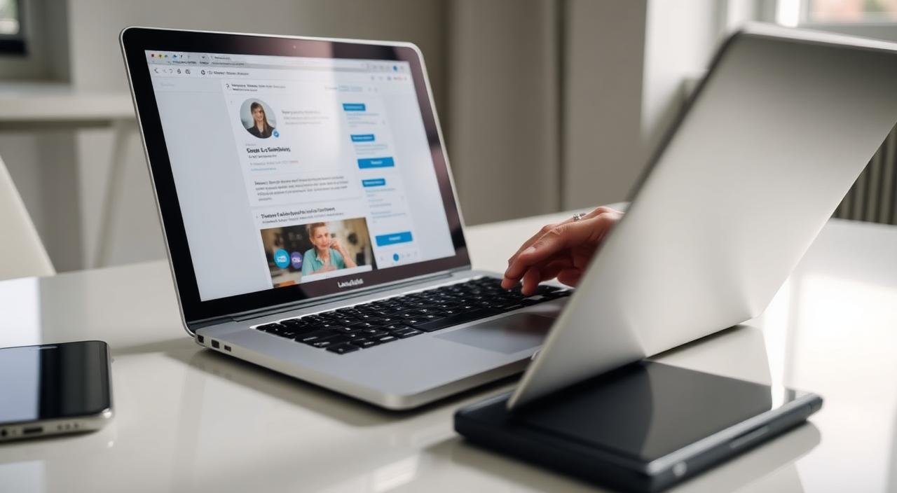 A close-up of a professional updating their LinkedIn profile on a laptop.