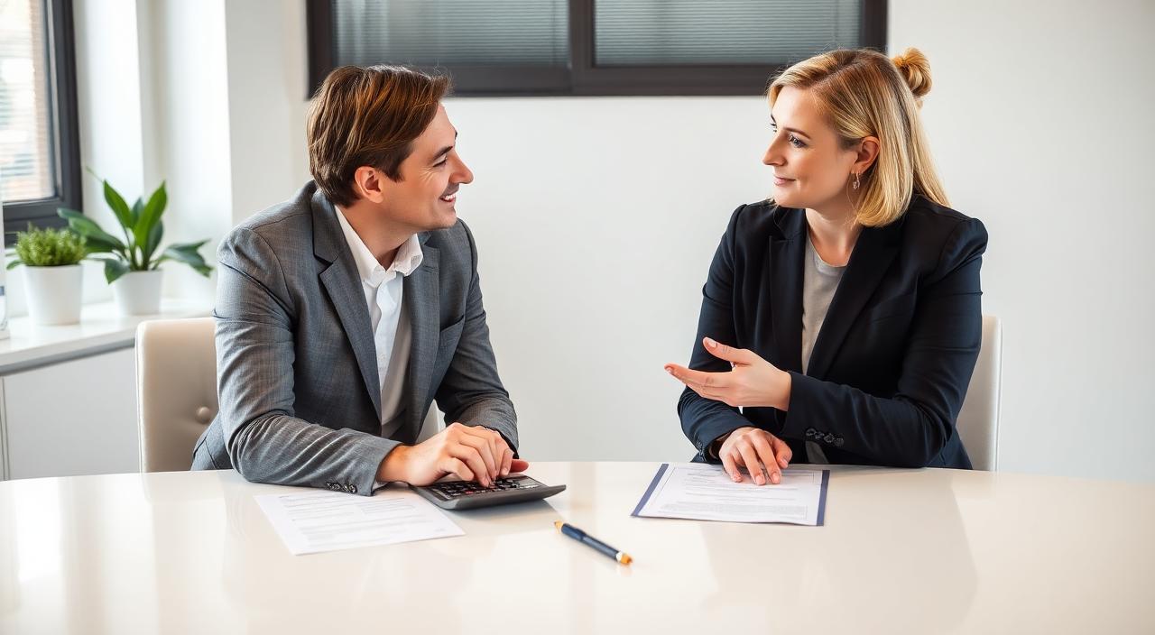 Two professionals discussing salary across a clean office desk with documents and a calculator.