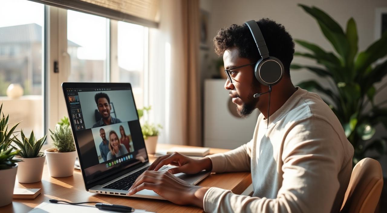 A South African remote worker on a video call in a sunlit home office.