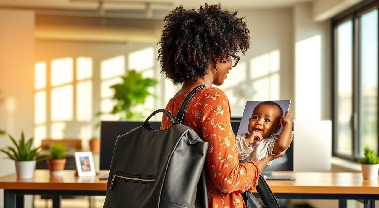 A South African mother with a laptop bag returning to a bright modern office.