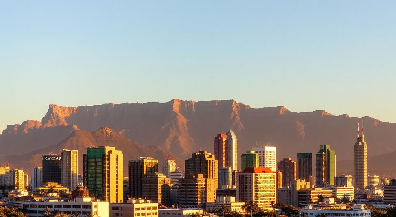 Cape Town CBD skyline with Table Mountain in the background at golden hour.