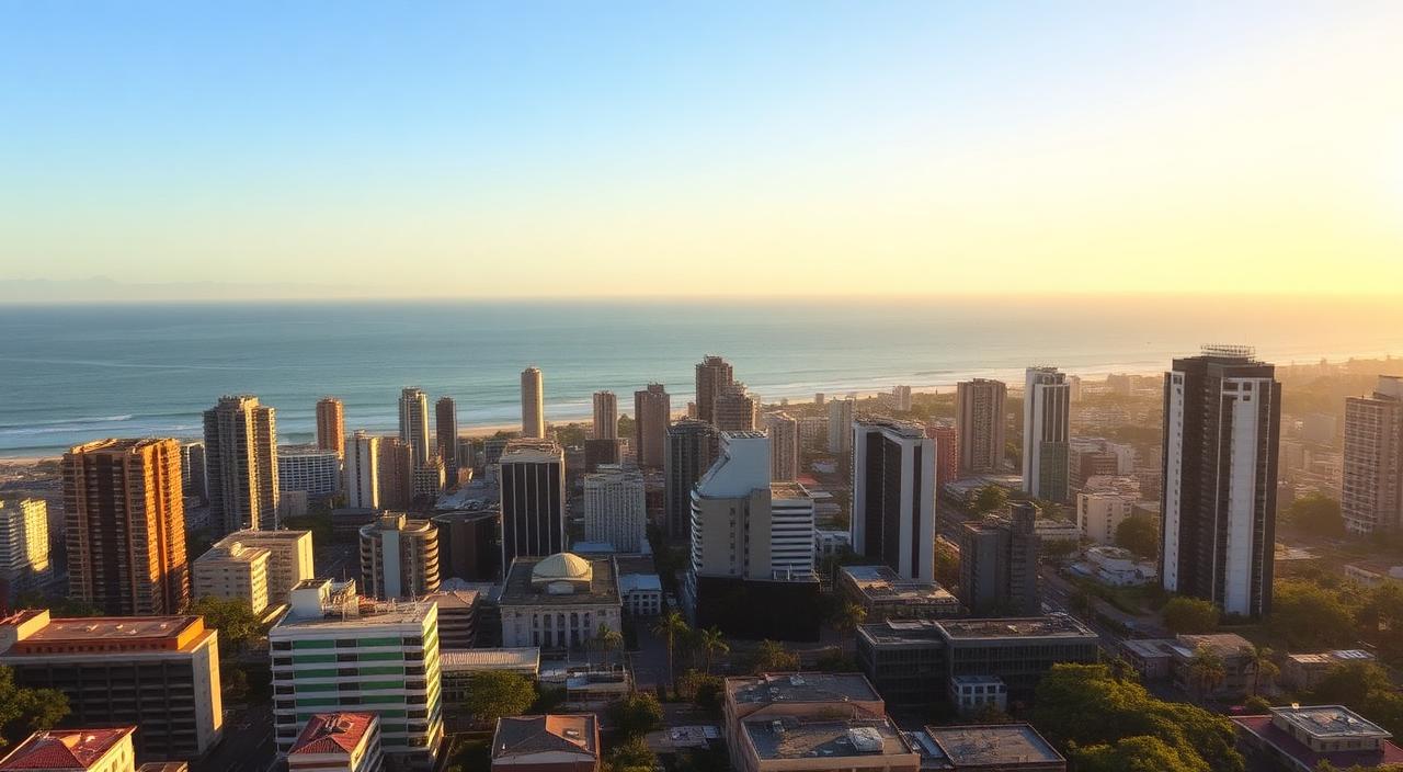 Durban skyline including Umhlanga with the Indian Ocean in the background.