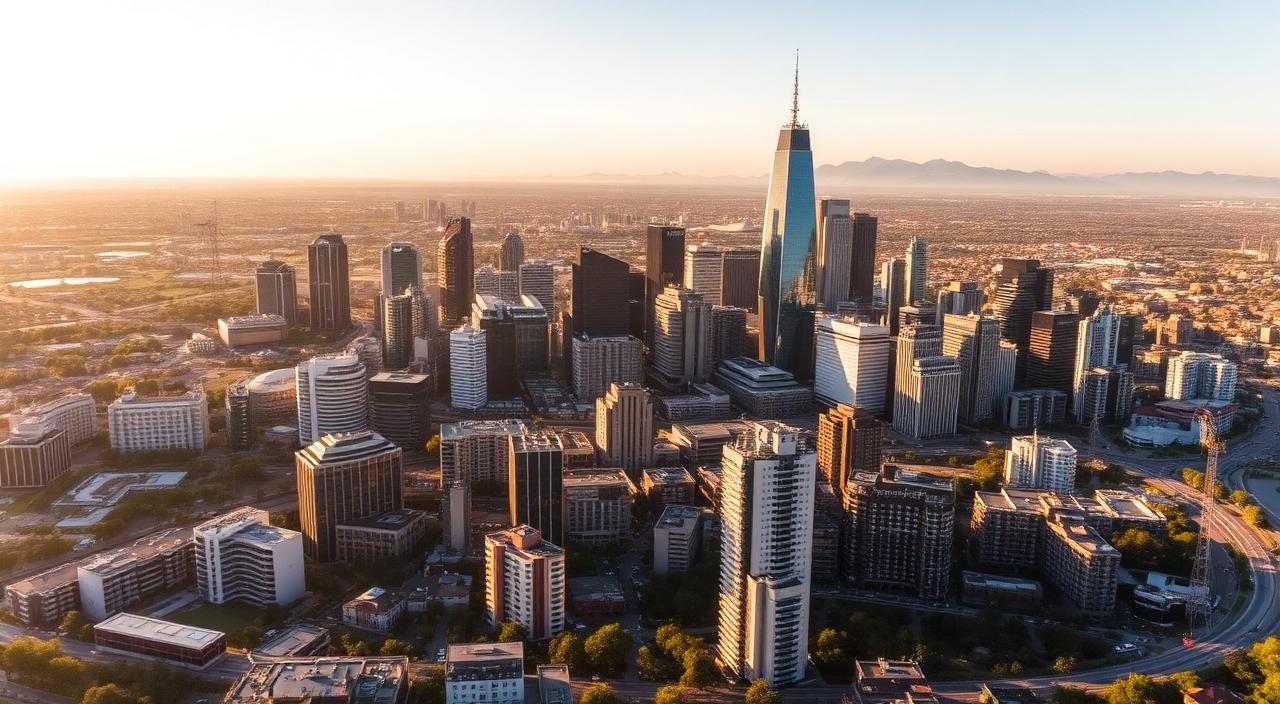 Aerial view of the Sandton skyline at golden hour.