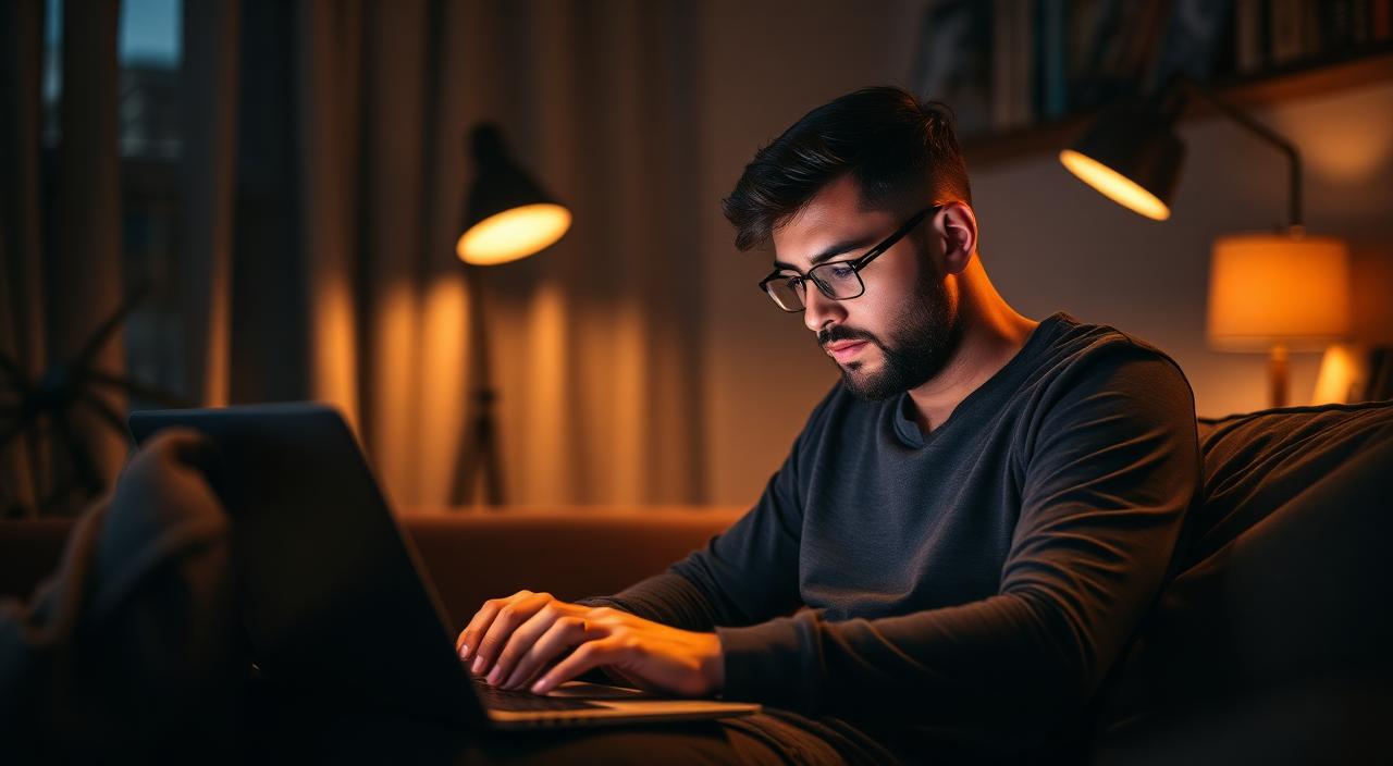 A South African freelancer working on a side project on a laptop in the evening at home.