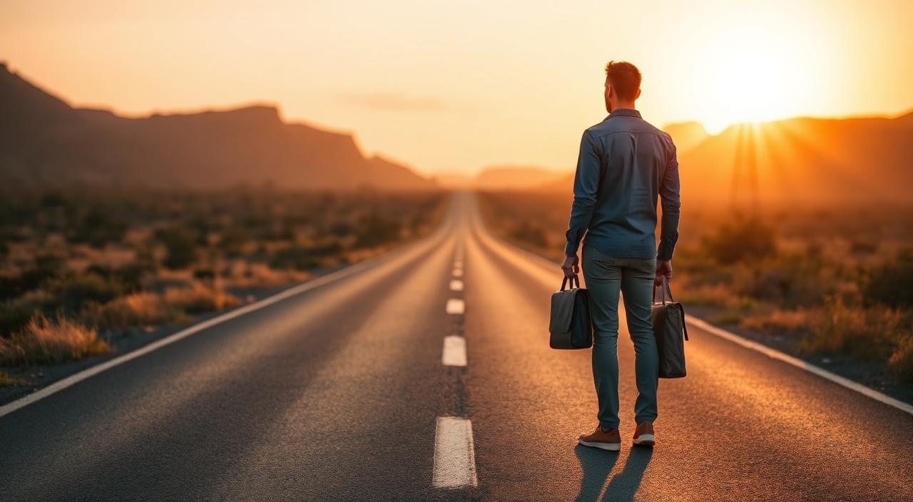 A mid-career professional standing on an open road at sunrise, looking forward.