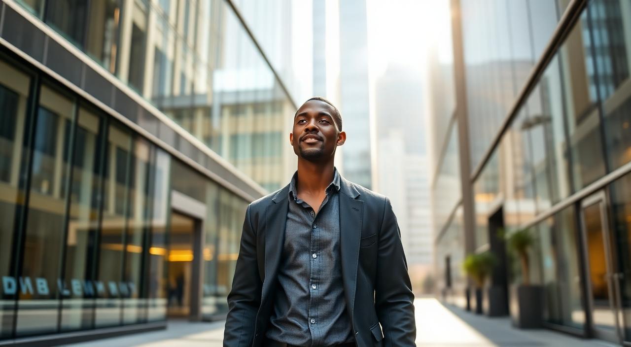 A young South African professional walking into a modern Johannesburg office building for the first time.