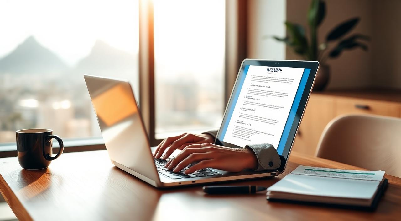 A South African professional updating their CV on a laptop in a sunlit home office.